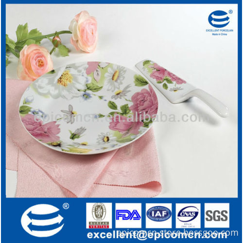 rose decal on 10.5" round flat ceramic cake plate and spatula